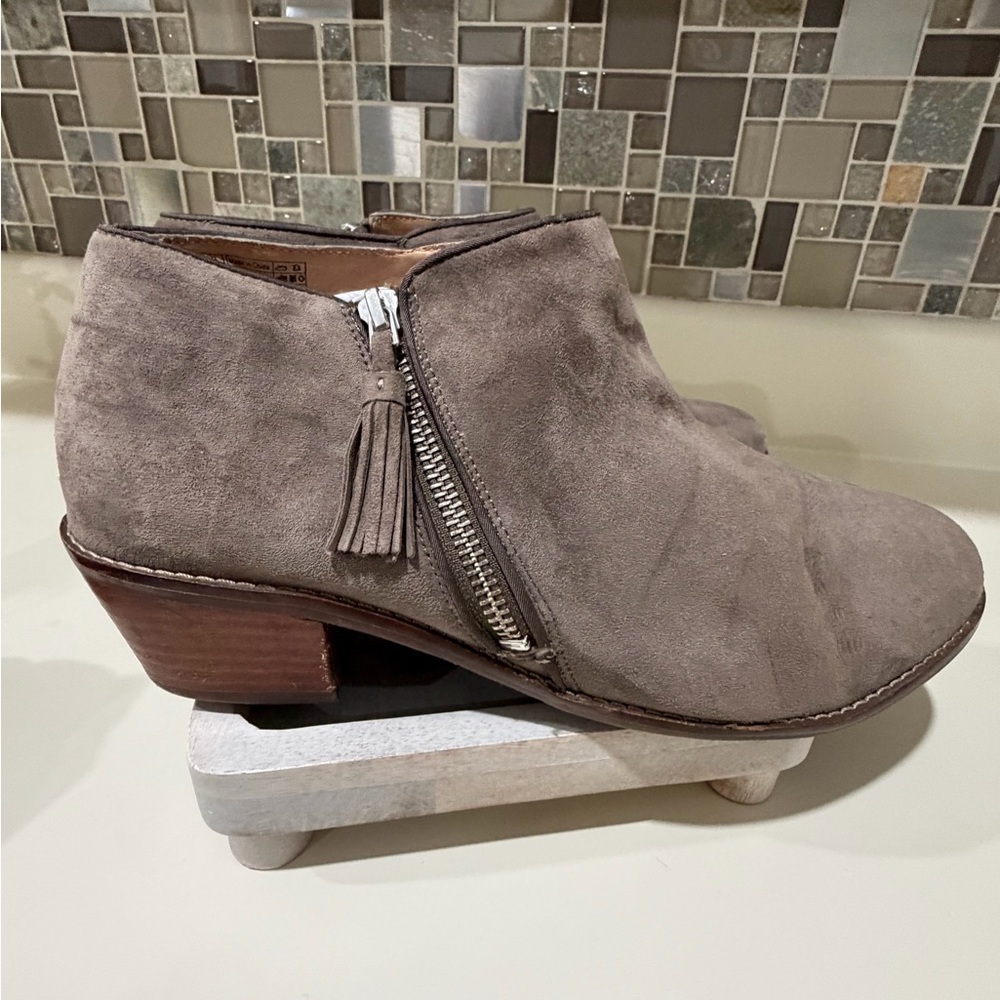 Vionic Taupe Suede Ankle Booties with Tassel Zip - Picture 4 of 11